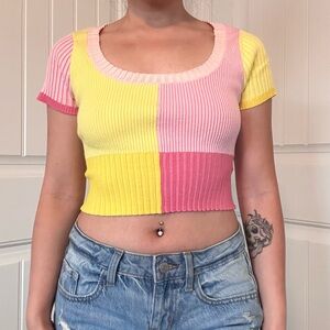 La Hearts Pink and Yellow Ribbed Crop Top